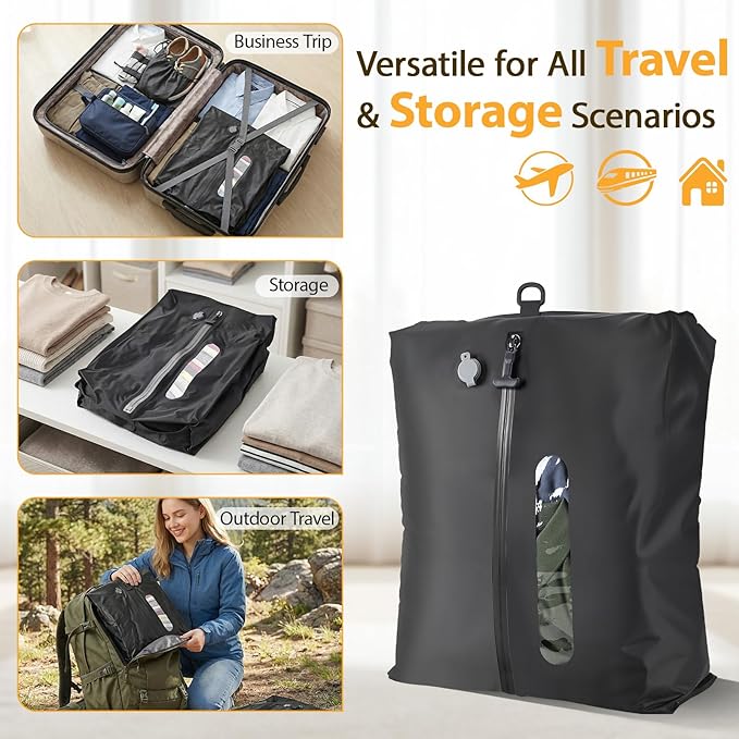 KXB Vacuum Seal Bags for Travel Luggage with Wireless Pump, 29L Compression Bags for Carry-On Suitcase & Travel Backpack, Reusable IP67 Waterproof Vacuum Storage Kit(2PC + PUMP)