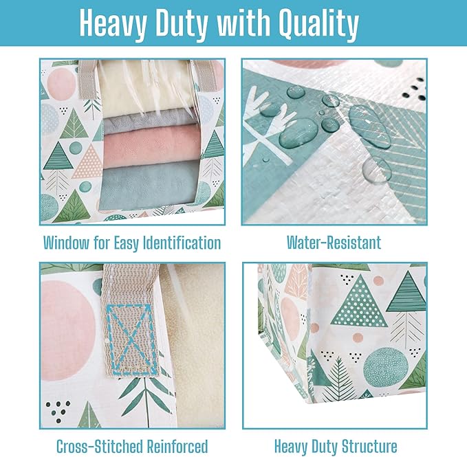VENO 4 Pack Moving Bags, Large Christmas Storage Bins with lids, Packing Supplies for College, Alternative to Moving Boxes, Foldable, Heavy-Duty Tote, Christmas Pattern (Pastel Forest, 4 Pack)