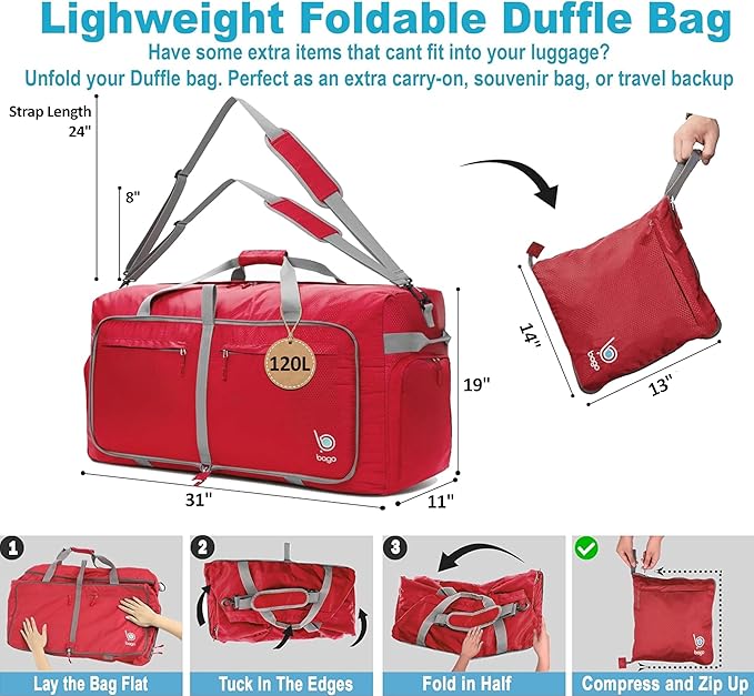 Bago Extra Large Duffle Bag for Travel Women & Men. Durable, Lightweight, Foldable Travel Duffel Bags For Traveling Women. 120L Duffle Bags Use As a Weekender Bag with Shoe Compartment, Checked Duffel