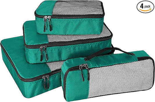 WTREE 4-Piece Packing Cubes Travel Accessories Set for Suitcases - Luggage Organizer Bags with Double Zipper - Mesh Top - Small/Medium/Large/Slim - Green