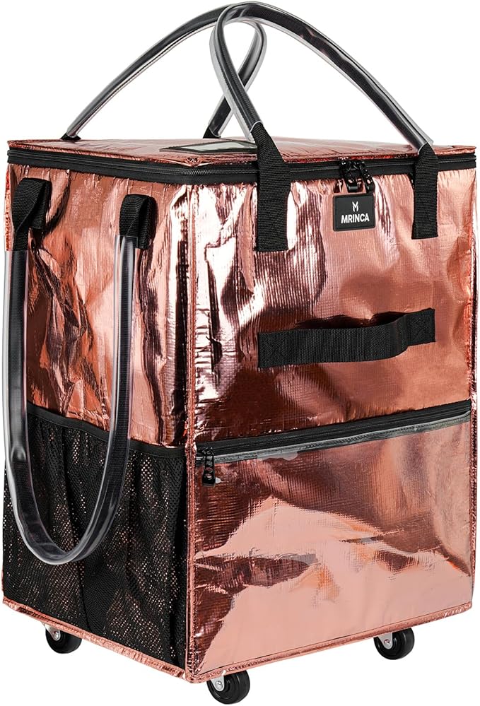 Reusable Grocery Bag On Wheels, 70L Foldable Shopping Cart with 6 Pockets & 3-Way Carry, Heavy Duty Handles, Zipper Closure for Travel, Shopping, Laundry, Medium, Rose Gold