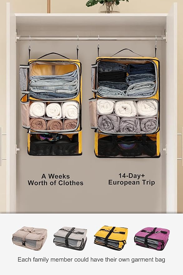 ELEZAY Hanging Packing Cubes Portable Closet 3-Shelf Travel Collapsible Compression Garment Organizer for Carry-on Luggage Suitcase Space Saver Bag XX-Large_No Side Pockets, Yellow