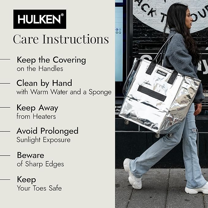 HULKEN (Medium, Silver) Reusable Grocery Bag On Wheels, Shopping Trolley, Rolling Tote, Zipper Closure, Lightweight, Carries Up to 66 lb, Folds Flat, Unbreakable Handles