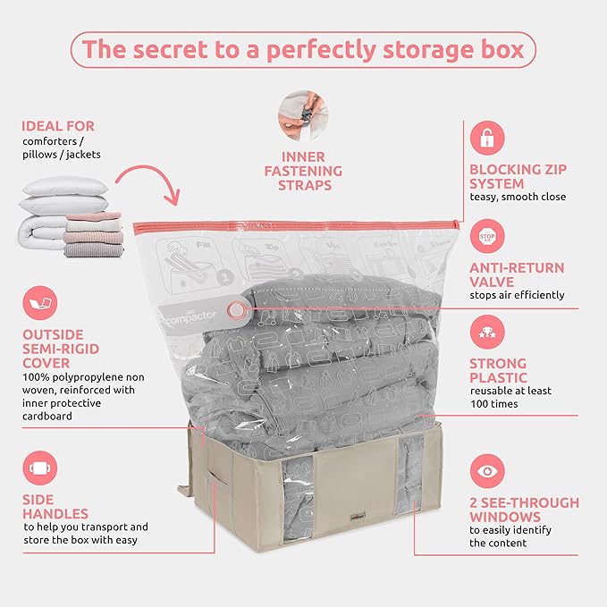 Compactor 3 Pack Vacuum Storage Bag with Semi-Rigid Box, Closet Organizer, Vacuum Seal Bags for Clothing and Bedding, Fits All Vacuum and Nozzle Types, 210L, Beige, XXL