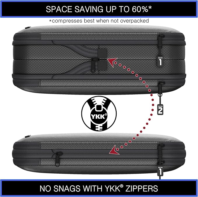Premium Ultralight Compression Packing Cubes for Travel - Bag Factor Luggage Organizer Set (Double Sided Clean Dirty - Black - 4 Set)