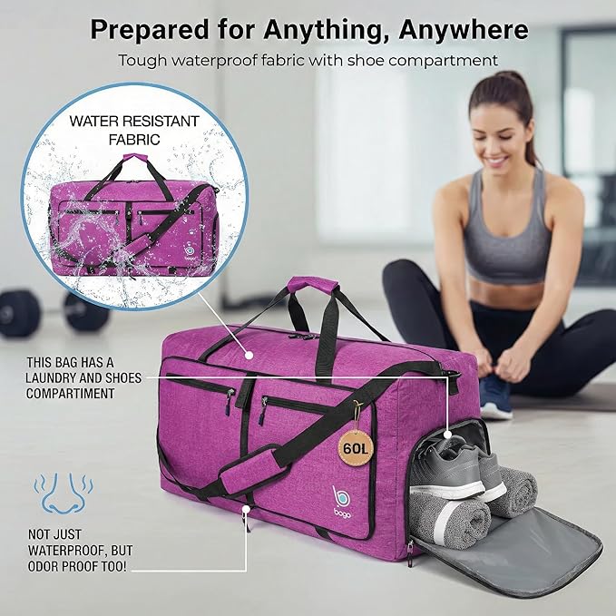 Bago Medium Duffle Bag for Travel Women & Men. Durable Lightweight Foldable Travel Duffel Bags For Traveling Women. 60L Duffle Bags For Overnight Bag With Shoe Compartment Collapsible Weekender duffel