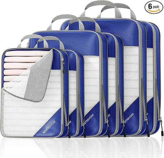 NICOSHOW Compression Packing Cubes 6 Set, Compressible Space-Saving Packing Cubes for Travel - Compression Bags, Luggage Organizer, Travel Essentials for Women, Royal Blue