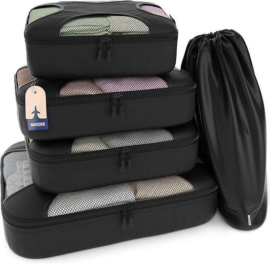 Shacke Packing Cubes for Travel 5 Set - Luggage Organizer Bags for Suitcase - 4 Cubes + Laundry Bag - Water-Resistant Nylon - Pure Black