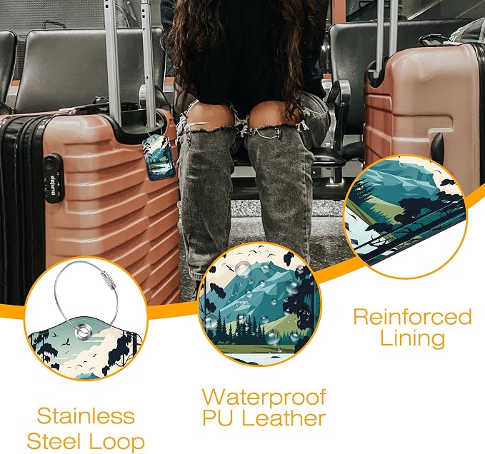 3 Pack Luggage Tag for Suitcase Mountain Lake Scenery Leather Travel Cruise Luggage Tag with Stainless Steel Loop Name ID Label Privacy Cover for Adults Teens Travel Bag Labels Set - Image 5