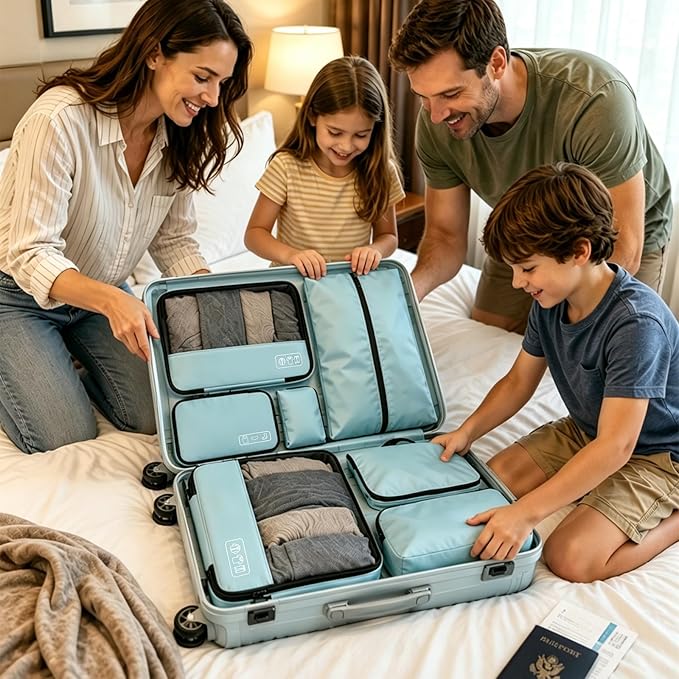 Compression Packing Cubes Set, Versatile 8pc Travel Essential Packing System- Lightweight Travel Organizers for Family & Business Travel, Space Save for Backpack, Duffel & Suitcase- Blue