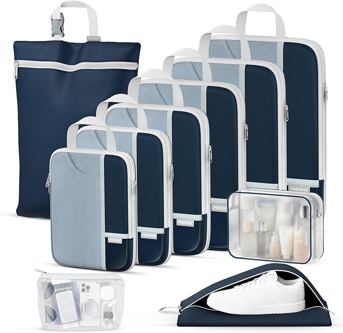 Percover Compression Packing Cubes for Travel, 10-Piece Structured Compression Organizer Set with Toiletry Bag, Laundry Bag & Shoe Bag for Carry-On & Checked Luggage, Navy Blue