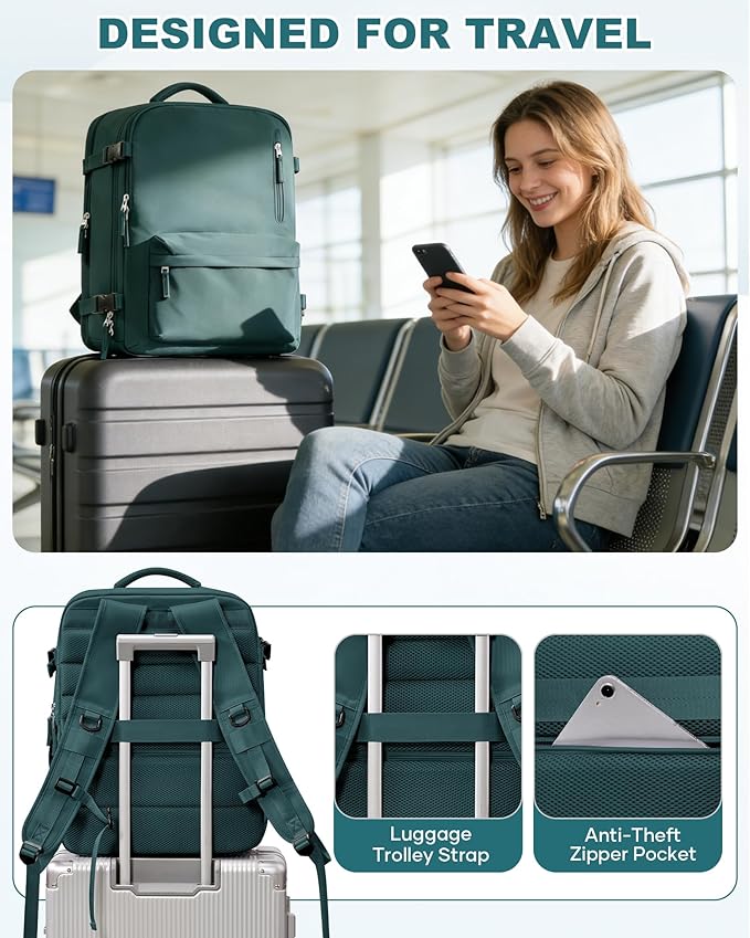 WONHOX Vacuum Travel Backpack Women,Carry On Backpack Flight Approved 18x14x8 inches Bag Spirit Airlines Personal ltem,College Sports Hiking Rucksack Laptop Blackpack mochila de viaje,PeacockBlue