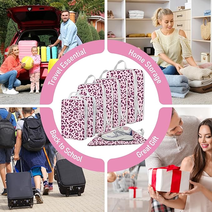 6 Set Compression Packing Cubes, Suitcase Organizer, Lightweight Travel Essentials, Compression Bags For Travel Accessories Luggage Storage Set (6Pcs, Purple Leopard)