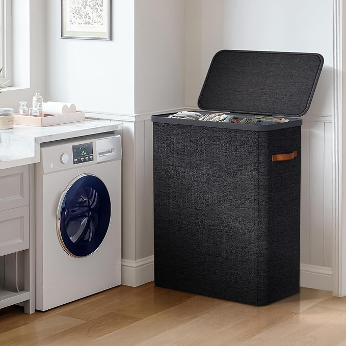 Sorbus Laundry Hamper with Lid - Collapsible 3-Compartment Fabric Laundry Basket with Handles and Removable Laundry Bag – 50 Gallon (190 L) Dirty Clothes Hamper for Bedroom, bathroom and dorm (Black)