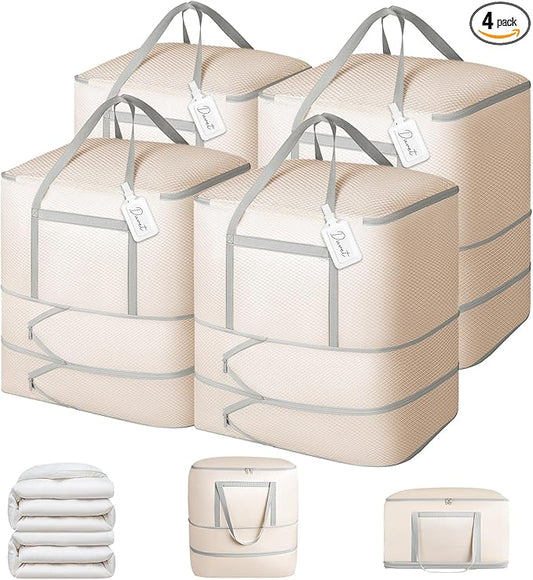 Comforter Storage Bag - 120L Bedding Storage Bags for Moving Closet, Washable Blanket Storage Bag, Ultra Space Saving Self Compression Organizer 4-Pack, Beige