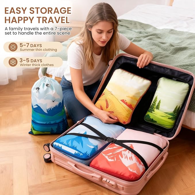 7-Piece Compression Packing Cubes for Travel, Patterned Expandable Luggage Organizer Bags with Double Zipper & Mesh Panel, Shoe Bag & Drawstring Bag for Carry-On, Vacation, Camping