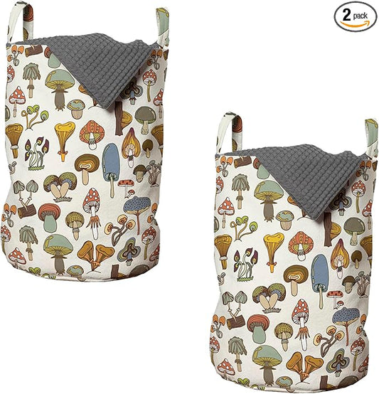 Ambesonne Colorful Laundry Bag Pack of 2, Pattern of Mushrooms Designs in Cartoon Style Abstract Illustration Print, Hamper Basket with Handles Drawstring Closure, 13" x 19", Brown Beige
