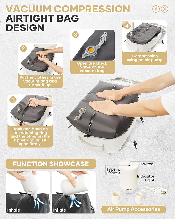 WONHOX Travel Vacuum Storage Backpack with Air Pump Vacuum Seal Compression Space Saver Bags Clothing Vacpack 18x14x8 inches Travel Bag Carry on Personal item Laptop Work Backpacks Women Men Beige