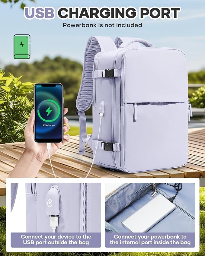 WONHOX Vacuum Seal Travel Backpack with Air Pump,Compression Vacpack Waterproof Carry On Backpack for Travel Women Men with Vacuum System,Airlines Approved Daypack Laptop Space Saver Bags,Lilac