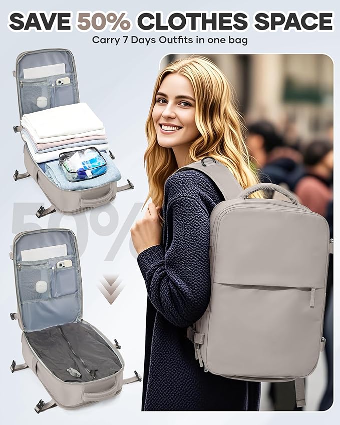 WONHOX Vacuum Seal Travel Backpack with Air Pump,Compression Vacpack Waterproof Carry On Backpack for Travel Women Men with Vacuum System,Airlines Approved Daypack Laptop Space Saver Bags,GreyBrown