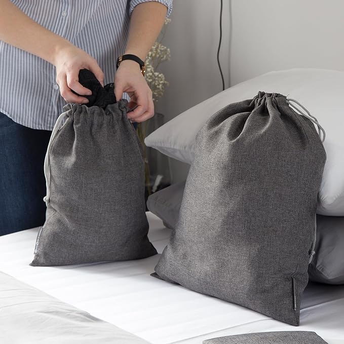 Bigso Box of Sweden Travel Laundry Bags | Large & Small Clothing Dirty Laundry Travel Storage Bags w/Drawstring Closure | Clothes Organizer for Packing | 14.2"x18.9" & 10.2"x14.2" | Set of 2 | Gray