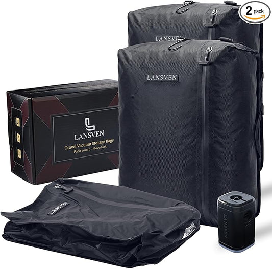 Cordless travel vacuum bag set - Reusable Nylon Compression Bags + Rechargeable Pump - Save 60% Space - travel pack vacuum kit - vacuum travel bags with pump - for Carry-On & Suitcase -2pack