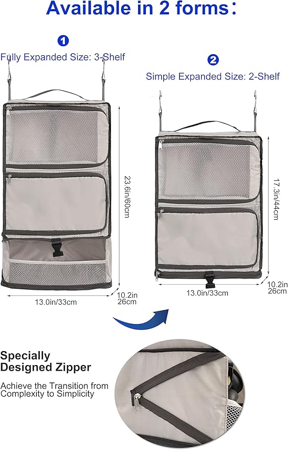 ELEZAY Hanging Packing Cubes Portable Closet 3-Shelf Travel Collapsible Compression Garment Organizer for Carry-on Luggage Suitcase Space Saver Bag X-Large_No Side Pockets, Lightgrey