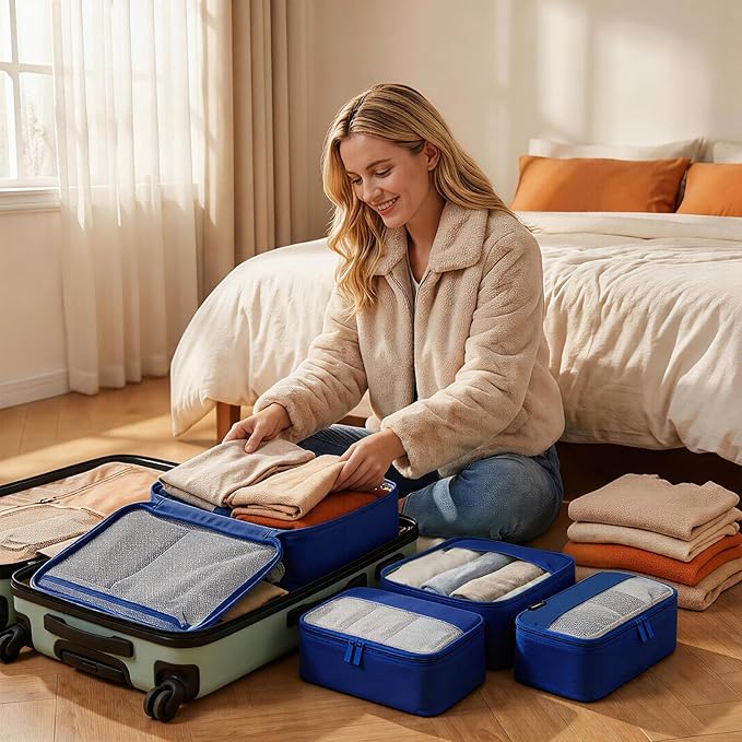 4 Piece Compression Packing Cubes for 3–7 Day Travel, Space Saving Travel Organizers with Breathable Mesh, Double-Zipper Packing Cubes for Carry-On & Suitcases (Blue)