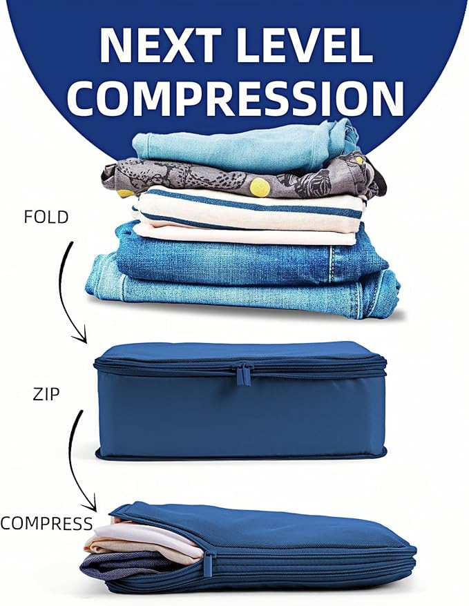 6 Set Compression Packing Cubes for 7–14 Day Travel, Durable Nylon Oxford Luggage Organizers with IP6X Waterproof Toiletry Bag, Expandable Suitcase Packing System (Dark Blue)