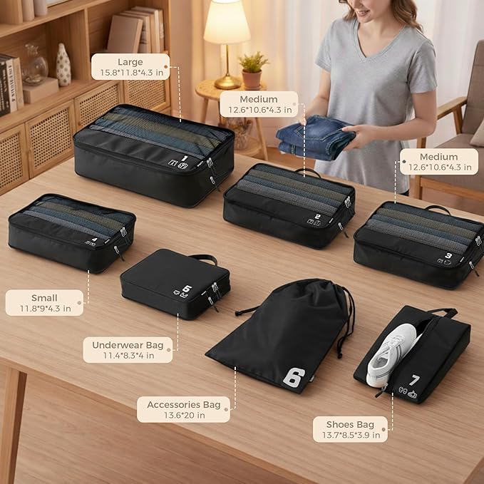 7 Set Compression Packing Cubes for Travel, Luggage Organizer Bags for Suitcases with Mesh Panels, Shoe Bag & Toiletry Bag for Carry On, Vacation & Cruise Essentials (Black)