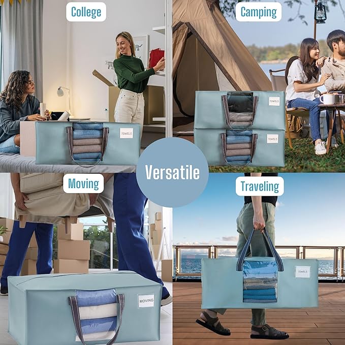 VENO 6 Pack Heavy Duty Moving Bags, Packing Bags with Clear Window, Alternative to Moving Boxes, Storage Bins for Clothes, Blankets, Comforters, College Dorm Essentials (Light Blue Matte, 6 Pack)