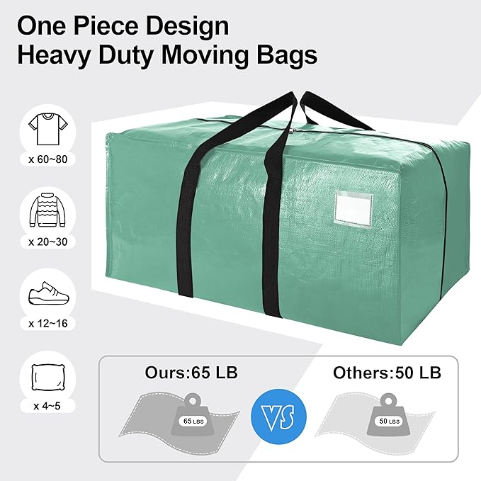 VELVETSURE 6 Pack Heavy Duty Large Moving Bags W/Backpack Straps - Strong Handles & Zippers, Storage Totes For Space Saving, Fold Flat, Alternative to Moving Box and Storage Bin, Teal