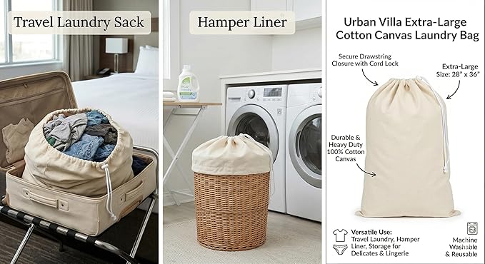 Urban Villa Extra Large Canvas Laundry Bag 28x36 Inches, 100% Cotton Drawstring Laundry Sack, Machine Washable Reusable Hamper Liner for Dorm, Travel & Home (1 Pack)