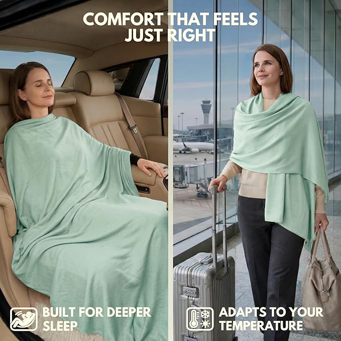 16-in-1 Compact Travel Blanket with Bag – Reversible, Ultra Soft Bamboo Airplane Blanket with Hidden Pocket – Packable for Flights & Travel Essentials (Semi-Weighted, Double Layer)