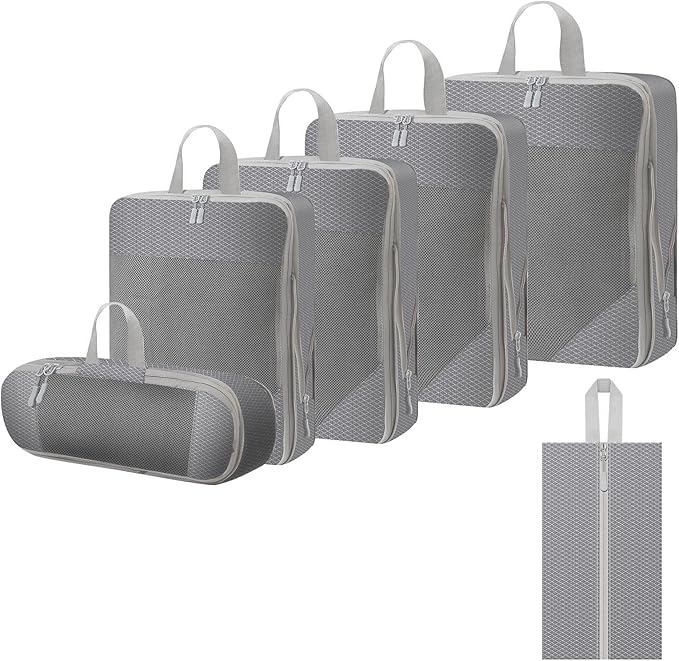 WOOMADA Compression Packing Cubes for Suitcases Travel Essentials 6 Set Rectangle Mesh Expandable Travel Bags Organizer for Luggage
