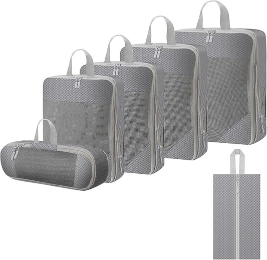 WOOMADA Compression Packing Cubes for Suitcases Travel Essentials 6 Set Rectangle Mesh Expandable Travel Bags Organizer for Luggage