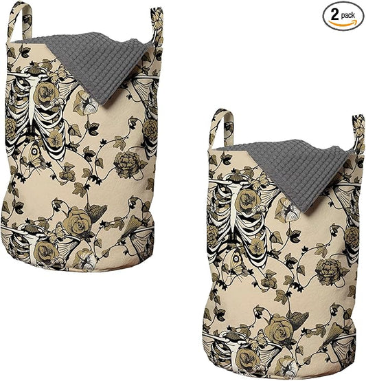 Ambesonne Gothic Laundry Bag Pack of 2, Chest Bones Ribcage Flowers Butterflies Autumn, Hamper Basket with Handles Drawstring Closure, 13" x 19", Mustard Tan