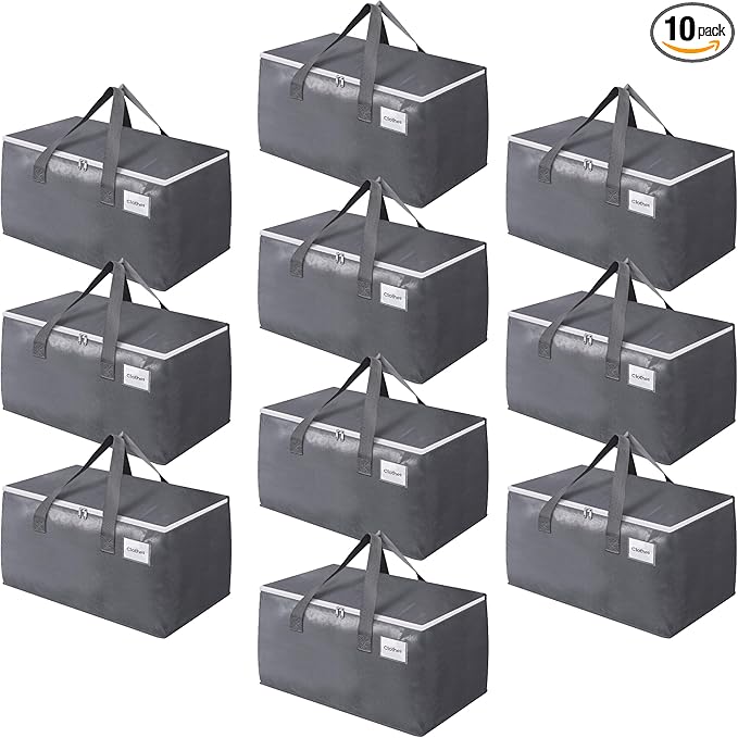 BlissTotes Large Moving Boxes and with Zippers & Handles Moving Supplies with lids, Heavy Duty Totes for Storage Bags for Space Saving, Fold Flat, Moving and Storing, 10 Pack