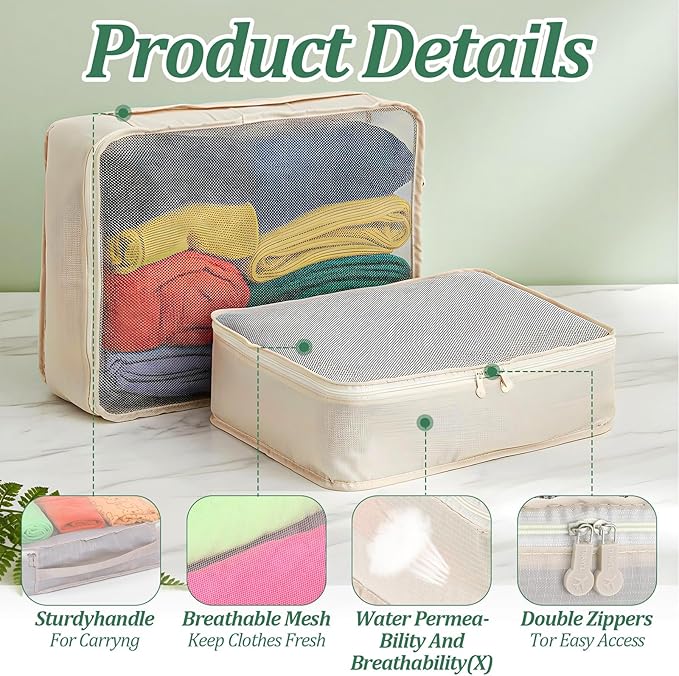 Kifmurase 12 Pcs Packing Cubes for Suitcase Travel Luggage Organizers Bulk Large Mesh Clothing Underwear Bags Foldable Laundry Bags for Hiking Camping Backpacking Clothes Accessories (Beige)