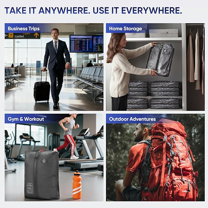 Travel Vacuum Bags with Pump, Compression Bags, Waterproof & Reusable Nylon Vacuum Travel Kit, Portable Space Saver Storage Bags with Wireless Vacuum Pump for Carry-On Backpack & Suitcase, 2-Pack
