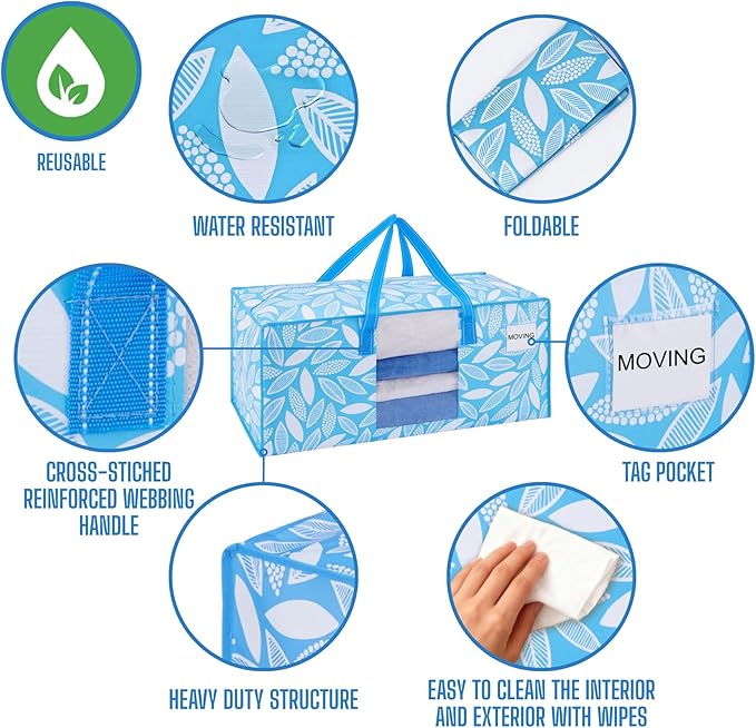 VENO 6 Pack Heavy Duty Moving Bags, Packing Bags with Clear Window, Alternative to Moving Boxes, Storage Bins for Clothes, Blankets, Comforters, College Dorm Essentials (Spring Breeze, 6 Pack)