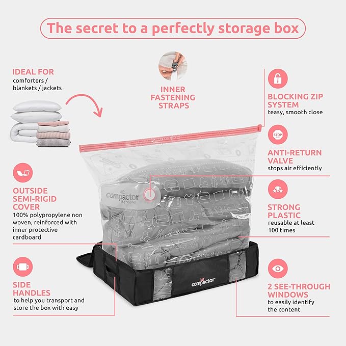 Compactor Under Bed Vacuum Storage Bag with Semi-Rigid Box, Closet Organizer, Vacuum Seal Bags for Clothing and Bedding, Fits All Vacuum and Nozzle Types, 145L, Large, Black