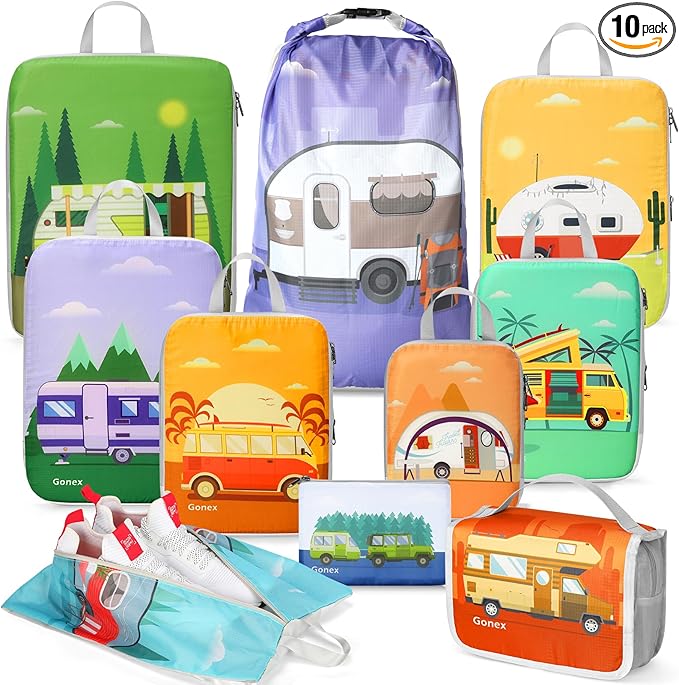 Gonex Compression Packing Cubes, 10pcs Expandable Storage Travel Luggage Bags Organizers with Hanging Toiletry Bag Laundry Bag Shoe Bag Accessories Bag, Travel Cubes for Suitcase Carry On (RV)