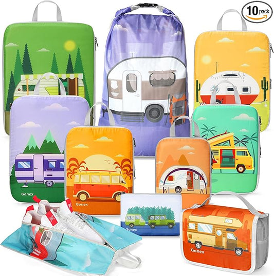 Gonex Compression Packing Cubes, 10pcs Expandable Storage Travel Luggage Bags Organizers with Hanging Toiletry Bag Laundry Bag Shoe Bag Accessories Bag, Travel Cubes for Suitcase Carry On (RV)