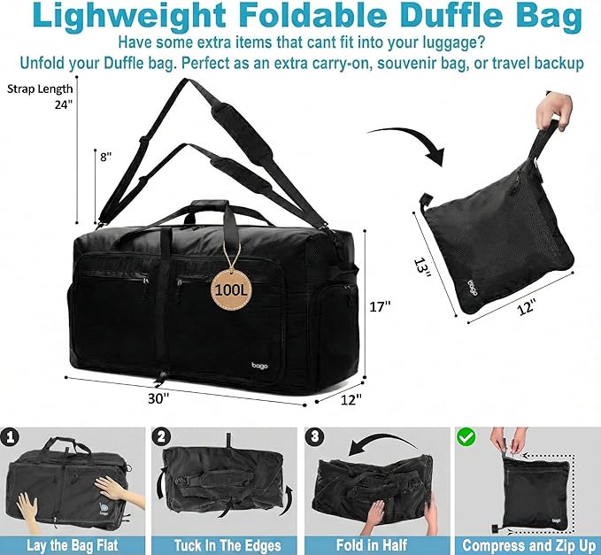Bago Large Duffle Bag for Travel Women & Men. Durable Lightweight Foldable Travel Duffel Bags For Traveling Women. 100L Duffle Bags for Overnight Bag With Shoe Compartment Collapsible Weekender duffel