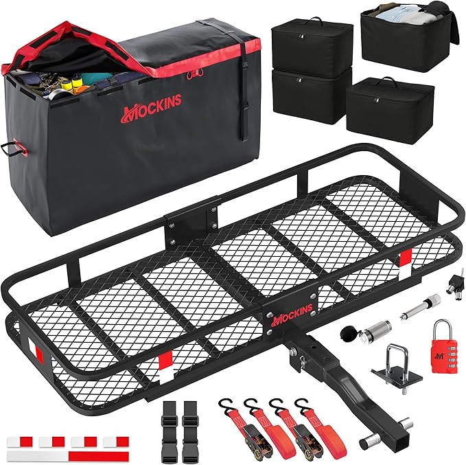 Mockins 48"x18"x6" Folding Trailer Hitch Cargo Carrier & 15 Cu Ft Waterproof Cargo Bag with Packing Cube Set of 4 | Weatherproof 500 Lbs Cap Luggage Rack for SUV Truck Van Car Trailer with Accessories