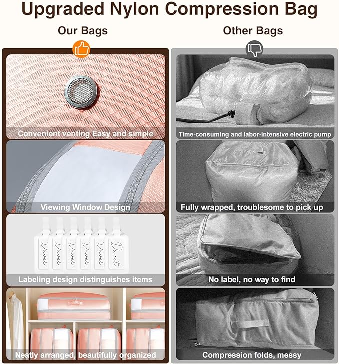 Homsorout 6 Pack Compression Storage Bags - 110L Large Capacity Comforter Storage Bag, 3-Layer Washable Ultra Space Saving Self Compression Organizer Space Bags for Blankets, Sweaters, Sheets, Pink
