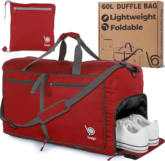 Bago Medium Duffle Bag for Travel Women & Men. Durable Lightweight Foldable Travel Duffel Bags For Traveling Women. 60L Duffle Bags For Overnight Bag With Shoe Compartment Collapsible Weekender duffel