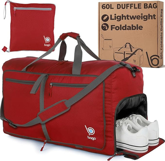 Bago Medium Duffle Bag for Travel Women & Men. Durable Lightweight Foldable Travel Duffel Bags For Traveling Women. 60L Duffle Bags For Overnight Bag With Shoe Compartment Collapsible Weekender duffel