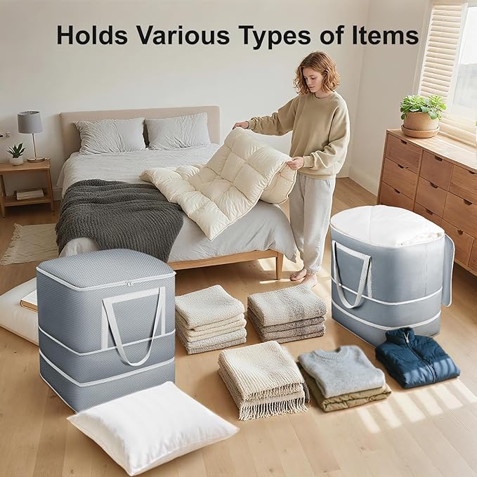 Comforter Storage Bag - 120L Bedding Storage Bags for Moving Closet, Washable Blanket Storage Bag, Ultra Space Saving Self Compression Organizer, 4-Pack, Grey